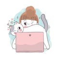 Cartoon cute working woman and cat vector.