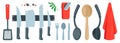 Cartoon cutlery set. Kitchen utensils spoon fork knife ladle strainer spatula, spatula with hole, flat cooking tools Royalty Free Stock Photo