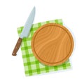 Cartoon cutting board, knife on green napkin isolated on white