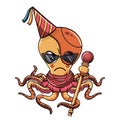 Cartoon cyborg octopus character celebrating with birthday hat and holding a scepter. Illustration for fantasy, science fiction