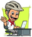 Cartoon cyclist boy character with laptop