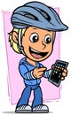 Cartoon cyclist boy character with smartphone