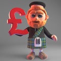 Cartoon 3d bearded Scottish man in kilt holding a UK sterling pounds currency symbol, 3d illustration