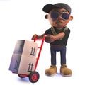 Cartoon 3d black African American hip hop rap artist with trolley and parcels Royalty Free Stock Photo