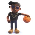 Cartoon 3d black African American hiphop rapper playing with a basketball
