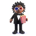 Cartoon 3d black Afro American singer entertainer eating popcorn and watching a movie, 3d illustration