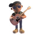 Cartoon 3d black hiphop rapper in baseball cap playing an acoustic guitar, 3d illustration