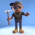 Cartoon 3d black hiphop rapper character holding a hammer, 3d illustration