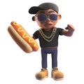 Cartoon 3d black hiphop rapper eating a hotdog, 3d illustration Royalty Free Stock Photo