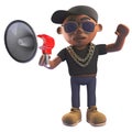 Cartoon 3d black hiphop rapper emcee in baseball cap talking through a megaphone loudhailer, 3d illustration