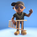 Cartoon 3d black hiphop rapper emcee character carrying a ladder, 3d illustration