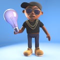 Cartoon 3d black hiphop rapper emcee character holding a lightbulb, 3d illustration Royalty Free Stock Photo