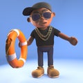 Cartoon 3d black hiphop rapper emcee offering a life preserver lifering, 3d illustration