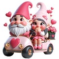 3d Cute Gnome Couple Golf Cart Valentine Clipart Illustration AI Generative