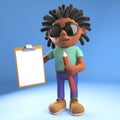 Cartoon 3d dreadlocked rastafarian black man holding clipboard and pencil, 3d illustration