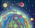 Cartoon 3d Earth Painting Landscape In Space, Fantasy Earth Over Magic Night Sky With Stars, Moon And Planet Illustration Art
