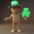 Cartoon 3d Egyptian mummy monster dressed for St Patricks day with shamrock and green Irish hat, 3d illustration