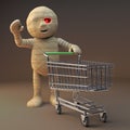 Cartoon 3d Egyptian mummy monster pushing an empty shopping cart, 3d illustration