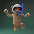 Cartoon 3d Egyptian mummy monster scuba diving with a snorkel and swimming mask, 3d illustration Royalty Free Stock Photo