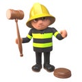 Cartoon 3d firefighter in firemans uniform holding an auction, 3d illustration