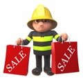 Cartoon 3d firefighter in firemans uniform holding sale bags, 3d illustration