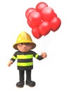 Cartoon 3d firefighter in firemans uniform with red balloons, 3d illustration