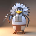 Cartoon 3d funny penguin native American Indian chief in feathered headdress holding a tradtitional axe, 3d illustration Royalty Free Stock Photo