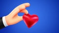 Cartoon 3d hand hold red heart. Donation or social media follower concept. Valentine day