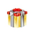 Cartoon 3D isometric model of the Gift with red bow. Gold Gift Box with Ribbon silver for Birthday Celebration, Christmas, Party, Royalty Free Stock Photo