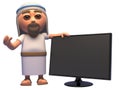 Cartoon 3d Jesus Christ character standing next to a widescreen flatscreen television monitor, 3d illustration