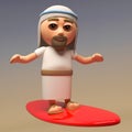 Cartoon 3d Jesus Christ character surfing on his surfboard, 3d illustration