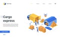 Isometric warehouse delivery logistic service landing page, worker loading boxes on truck