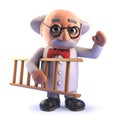 Cartoon 3d mad scientist professor holding a ladder