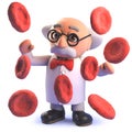 Cartoon 3d mad scientist professor surrounded by blood plasma cells