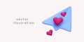 Cartoon 3D paper plane for web design. Love delivery illustration. Vector 3D render of romantic paper plane