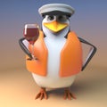 Cartoon 3d penguin sailor captain drinking a nice red wine in wine glass, 3d illustration