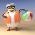 Cartoon 3d penguin sailor captain in lifejacket playing with a beach ball, 3d illustration