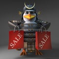 Cartoon 3d penguin samurai warrior holding two sale bags after shopping, 3d illustration