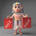 Cartoon 3d pharaoh character Tutankhamun holding two red shopping bags, 3d illustration