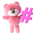 Cartoon 3d Pink Fluffy Teddy Bear Character Holding A Pink Internet Hashtag Hash Tag Symbol Of Social Media, 3d Illustration