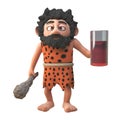 Cartoon 3d prehistoric caveman character drinking from a glass, 3d illustration