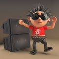 Cartoon 3d punk rock teenager with spiky hair dancing in front of a pa sound system speaker stack at a rave, 3d illustration