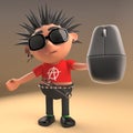 Cartoon 3d punk rocker with spikey hair holding a computer mouse, 3d illustration