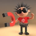 Cartoon 3d punk rocker with spikey hair plays with a magnet, 3d render