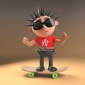 Cartoon 3d punk rocker with spiky hair on his skateboard, 3d illustration Royalty Free Stock Photo