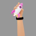 Cartoon 3d rendering hand holding a rocket taking off. 3D Render cartoon hand lift rocket on gree background