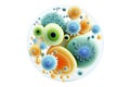 Cartoon 3D rending bacteria. Virus infection, flu germs and micro organism in circle, cancer cells and epidemic disease bacterias