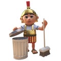 Cartoon 3d Roman legionnaire soldier cleaning up with a broom and trash can, 3d illustration