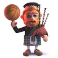 Cartoon 3d Scots man wearing kilt and balancing a basketball on his finger