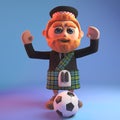 Cartoon 3d Scottish man with beard and wearing a kilt goes to kick the football, 3d illustration